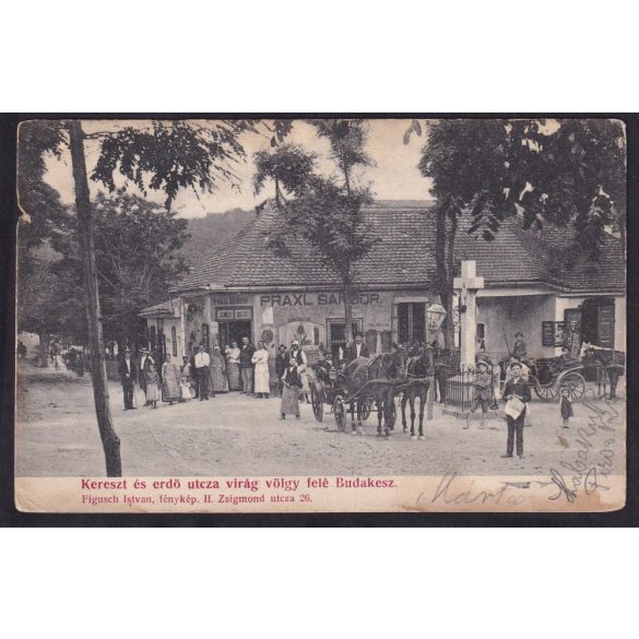 Budakeszi régi képeslapon. Kereszt és Erdő utca a Virágvölgy felé. Praxl Sándor fűszer és csemege kereskedése