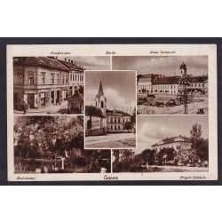  Csorna régi képeslapon, park, polgári iskola, Erzsébet utca, Szent István tér, Barasits kiadás