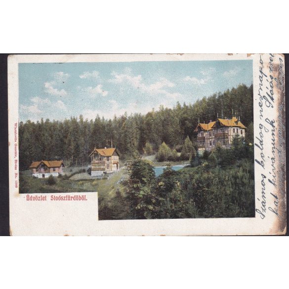 Üdvözlet Stoószfürdőből Kúpele Stós, régi felvidéki képeslapon