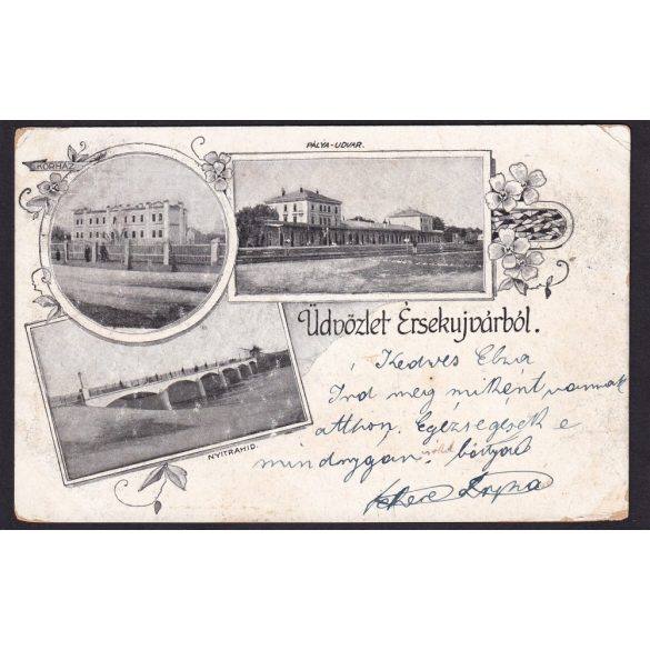 Érsekújvári pályaudvar, Nyitra híd, korház régi szecessziós képeslapon. 