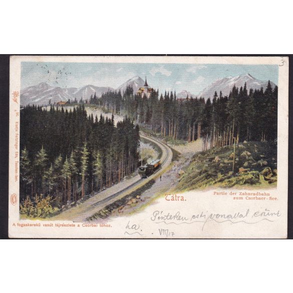 Tátra régi képeslapon. A fogaskerekű vasút tájrészlete a Csorbai tóhoz