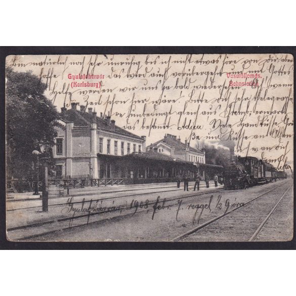 Gyulafehérvár, Karlsburg, Alba Julia, vasútállomás mozdonnyal régi képeslapon