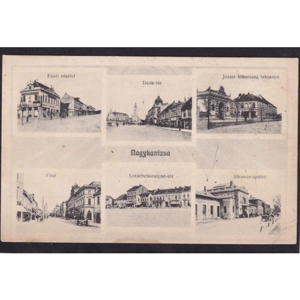 Nagykanizsa, állomás épülete, laktanya, fő út, Deák tér, Erzsébet királyné tér régi képeslapon