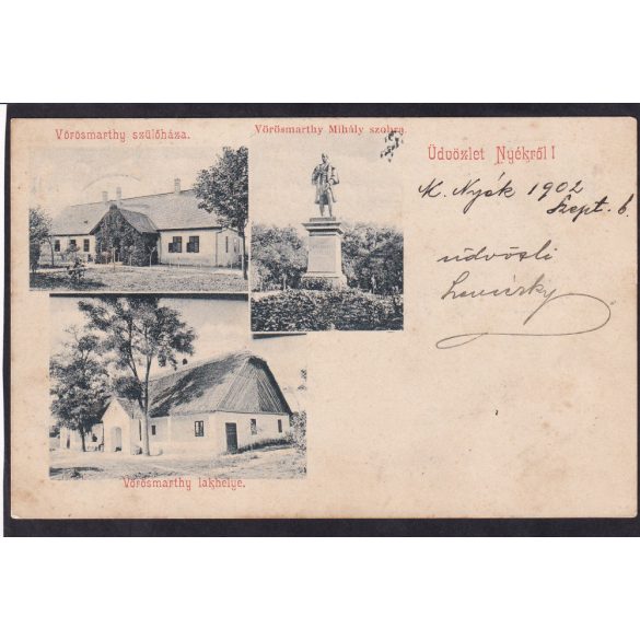 Nyék régi képeslapon. Vörösmarthy Mihály szülőháza, szobra, lakhelye