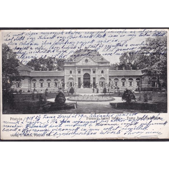 Pöstyén régi felvidéki képeslapon. Ferencz József fürdő 1918