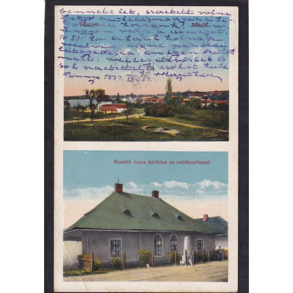 Tinnye régi képeslapon, Kossuth Lajos lakóháza és emlékoszloppal